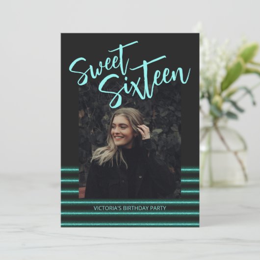 Sweet Sixteen Aquamarine Glitter Verjaardagsfeestj Kaart (Staand voorkant)