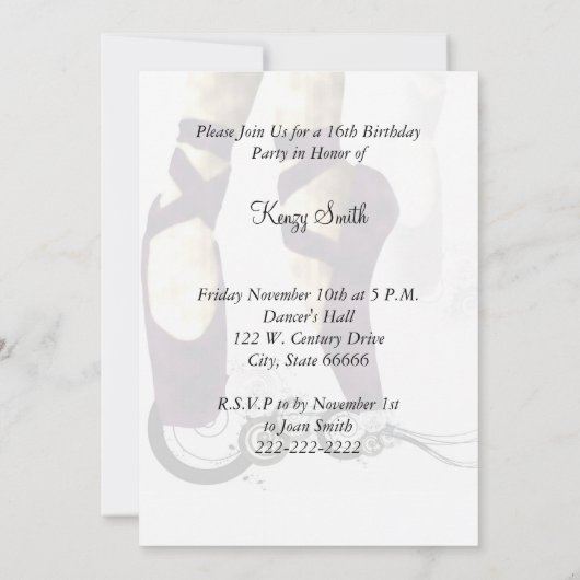 Sweet Sixteen Ballerina Party uitnodiging (Achterkant)