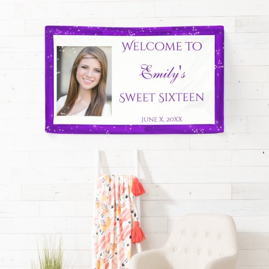 Sweet Sixteen Banner, Paarse, Sparkle Stars Spandoek (Insitu)