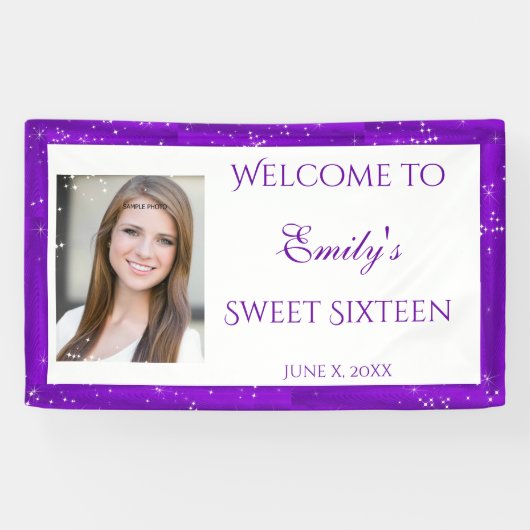 Sweet Sixteen Banner, Paarse, Sparkle Stars Spandoek (Horizontaal)