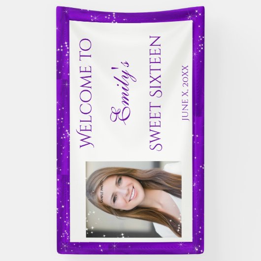 Sweet Sixteen Banner, Paarse, Sparkle Stars Spandoek (Verticaal)