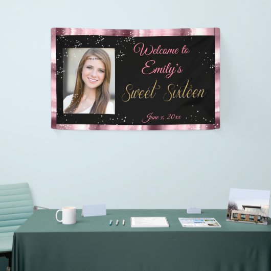 Sweet Sixteen Banner, Roze & Zwart, Sparkle Stars Spandoek (Beurs)