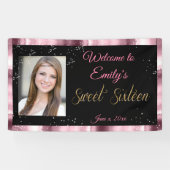 Sweet Sixteen Banner, Roze & Zwart, Sparkle Stars Spandoek (Horizontaal)