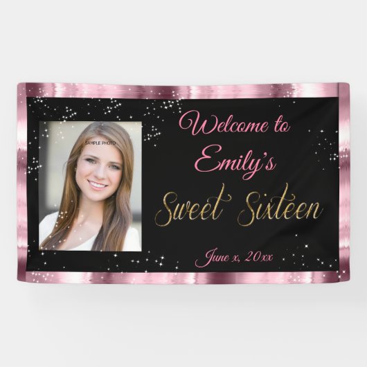 Sweet Sixteen Banner, Roze & Zwart, Sparkle Stars Spandoek