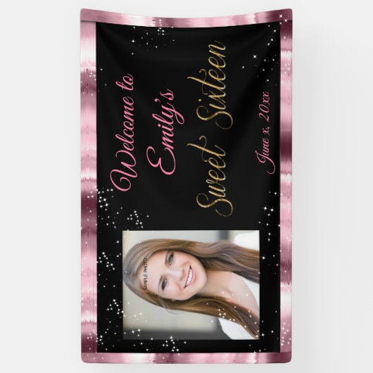 Sweet Sixteen Banner, Roze & Zwart, Sparkle Stars Spandoek (Verticaal)