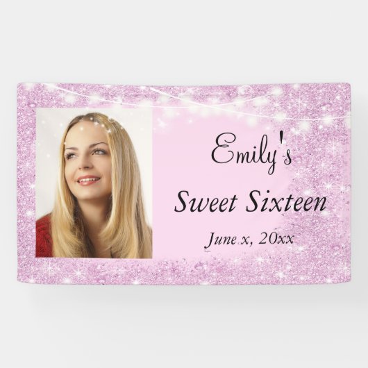 Sweet Sixteen, Bat Mitswa, Roze glitter, Custom Spandoek (Horizontaal)