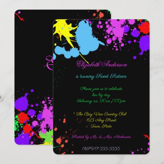 Sweet Sixteen, Bat Mitzvah, Neon Glow Invitation Kaart (Voorkant / Achterkant)