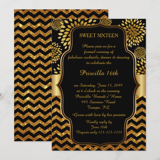 Sweet Sixteen Birthday,16th, Gatsby stijl, zwart,  Kaart (Voorkant / Achterkant)