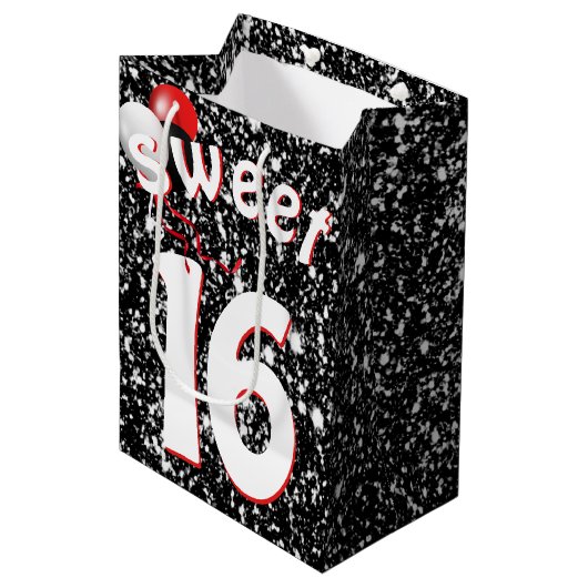 Sweet Sixteen Birthday-ballonnen op zwarte glitter Medium Cadeauzakje (Voorkant Gekanteld)