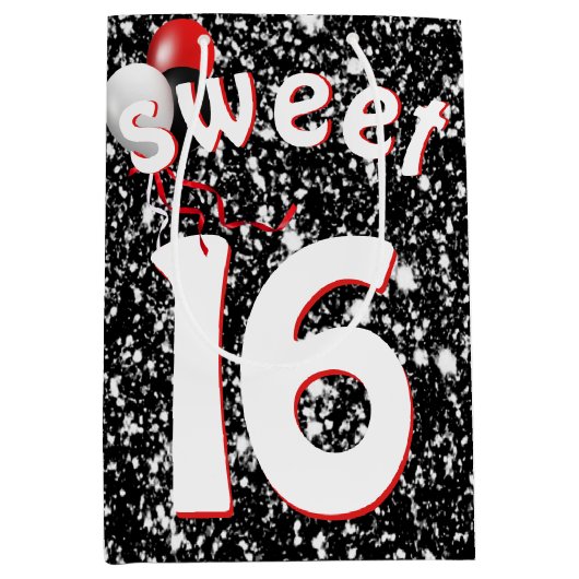 Sweet Sixteen Birthday-ballonnen op zwarte glitter Medium Cadeauzakje (Voorkant)