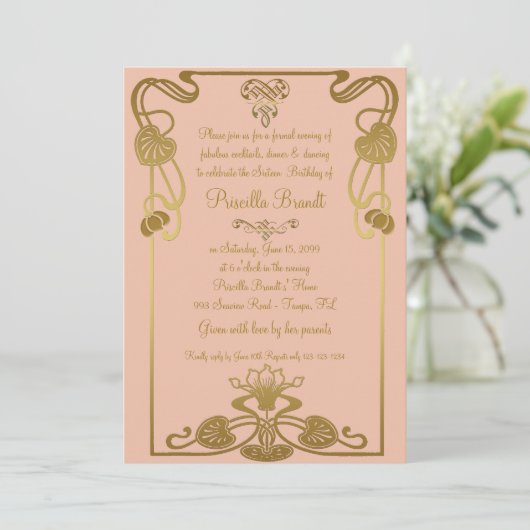 Sweet Sixteen Birthday, Gatsby-stijl, Perzik en go Kaart (Staand voorkant)