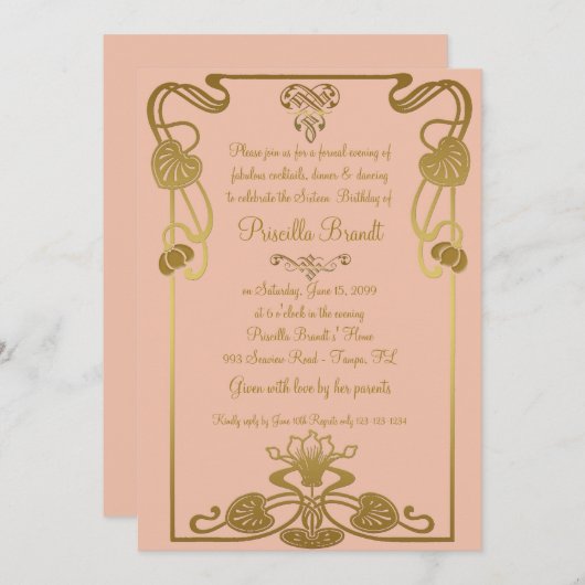 Sweet Sixteen Birthday, Gatsby-stijl, Perzik en go Kaart (Voorkant / Achterkant)