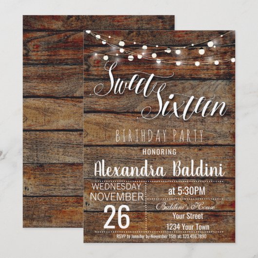 Sweet Sixteen Birthday Invitation, Sweet 16 Party Kaart (Voorkant / Achterkant)