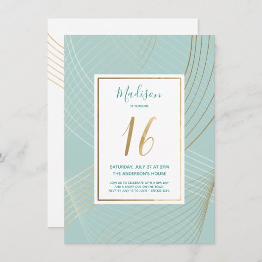 Sweet Sixteen Birthday Invite - Modern, Blauwgroen Kaart (Voorkant / Achterkant)