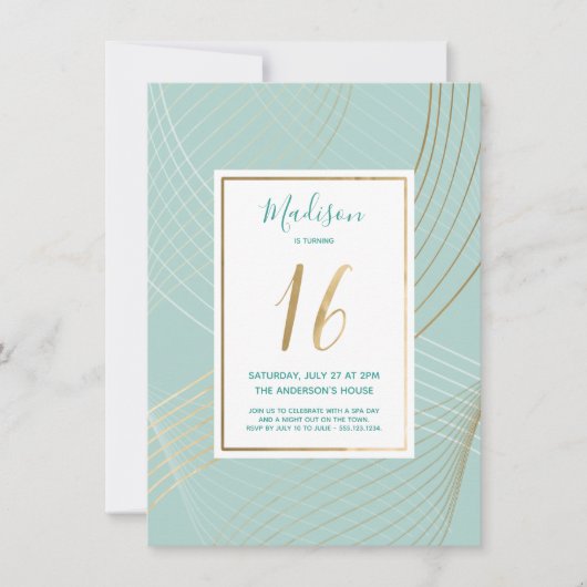 Sweet Sixteen Birthday Invite - Modern, Blauwgroen Kaart (Voorkant)