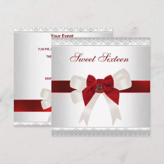 Sweet Sixteen Birthday Noite Red White Cute Bow Kaart (Voorkant / Achterkant)