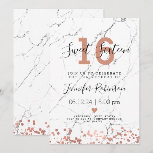 Sweet Sixteen Birthday Roos Gold Marble Kaart (Voorkant / Achterkant)