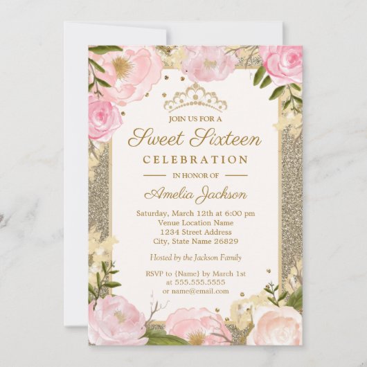 Sweet Sixteen Birthday Sparkle Pink Gold Floral Kaart (Voorkant)