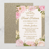 Sweet Sixteen Birthday Sparkle Pink Gold Floral Kaart (Voorkant / Achterkant)