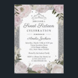 Sweet Sixteen Birthday Sparkle Pink Silver Floral Kaart<br><div class="desc">Meer  Sweet Sixteen Invitations in de Little Bayleigh Store! We hebben kunstwerken gebruikt van: www.createthecut.com</div>