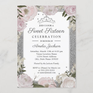 Sweet Sixteen Birthday Sparkle Pink Silver Floral Kaart