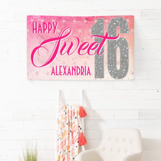 Sweet Sixteen Birthday | Stars Pink Glitter Spandoek (Insitu)