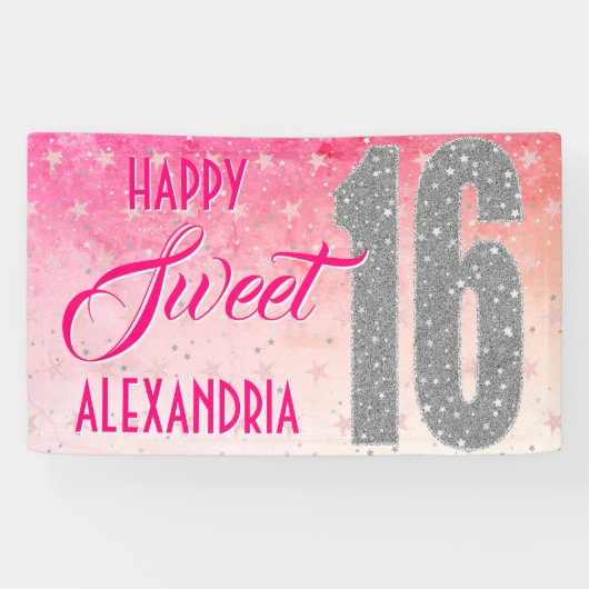 Sweet Sixteen Birthday | Stars Pink Glitter Spandoek (Horizontaal)
