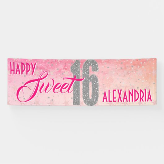 Sweet Sixteen Birthday | Stars Pink Glitter Spandoek (Horizontaal)
