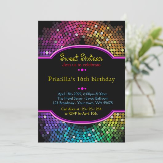 Sweet Sixteen Birthday-uitnodiging, Disco-stijl, c Kaart (Staand voorkant)