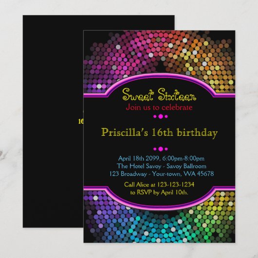 Sweet Sixteen Birthday-uitnodiging, Disco-stijl, c Kaart (Voorkant / Achterkant)