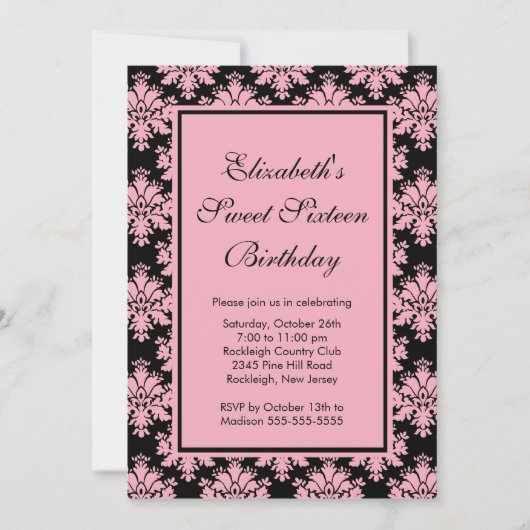 Sweet Sixteen Birthday Uitnodiging Roze Damask (Voorkant)