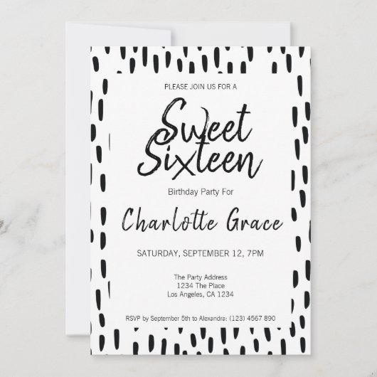 Sweet Sixteen Black and White Birthday Party Kaart (Voorkant)