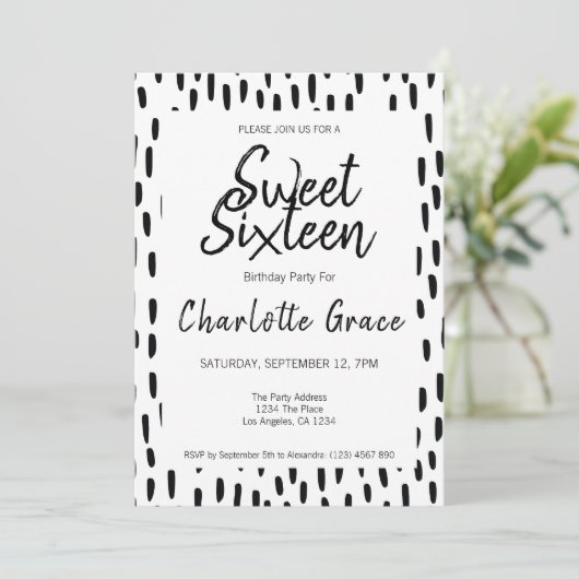 Sweet Sixteen Black and White Birthday Party Kaart (Staand voorkant)