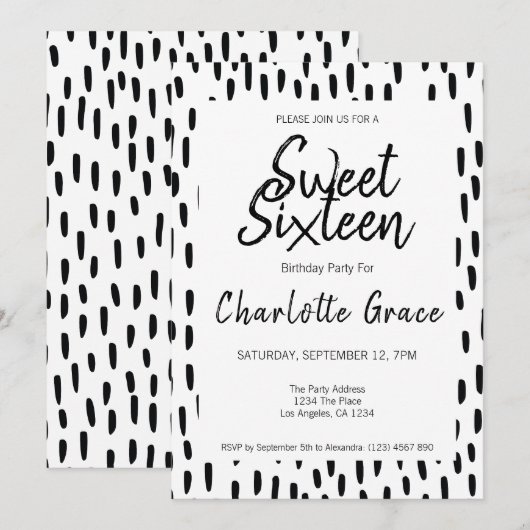 Sweet Sixteen Black and White Birthday Party Kaart (Voorkant / Achterkant)