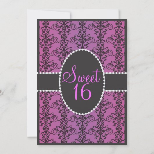 Sweet Sixteen Black Damask Paarse Passion Party Kaart (Voorkant)