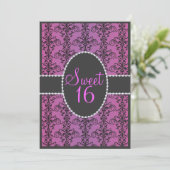 Sweet Sixteen Black Damask Paarse Passion Party Kaart (Staand voorkant)