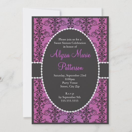 Sweet Sixteen Black Damask Paarse Passion Party Kaart (Achterkant)