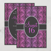 Sweet Sixteen Black Damask Paarse Passion Party Kaart (Voorkant / Achterkant)