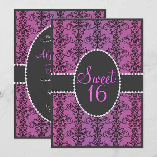 Sweet Sixteen Black Damask Paarse Passion Party Kaart (Voorkant / Achterkant)