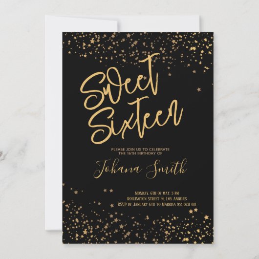 Sweet Sixteen Black en Gold Birthday Invitation Kaart (Voorkant)