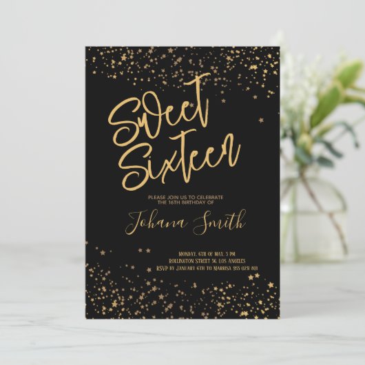 Sweet Sixteen Black en Gold Birthday Invitation Kaart (Staand voorkant)