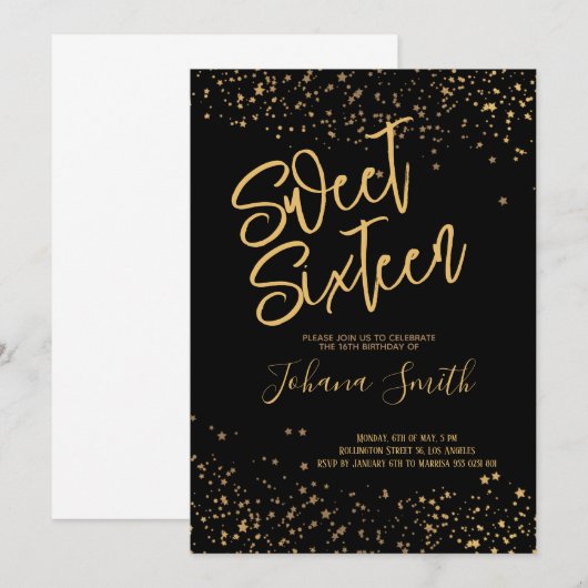Sweet Sixteen Black en Gold Birthday Invitation Kaart (Voorkant / Achterkant)