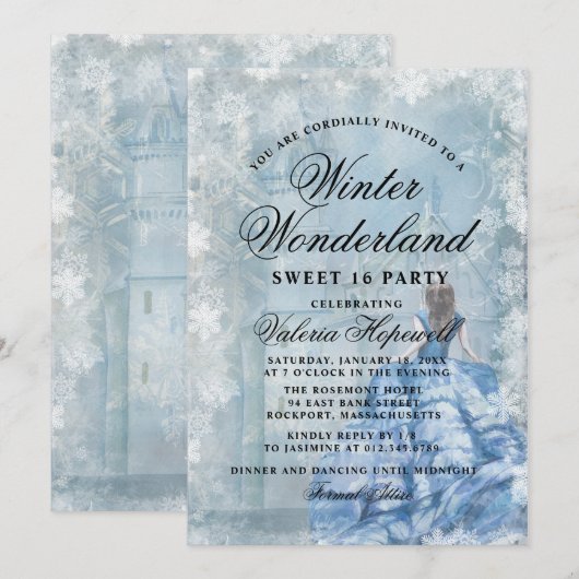 Sweet Sixteen Blauwe Winterwonderland Prinses Kaart (Voorkant / Achterkant)
