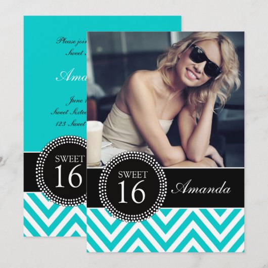 SWEET SIXTEEN BLAUWGROEN ZIG ZAG CHEVRON PATTERN KAART (Voorkant / Achterkant)