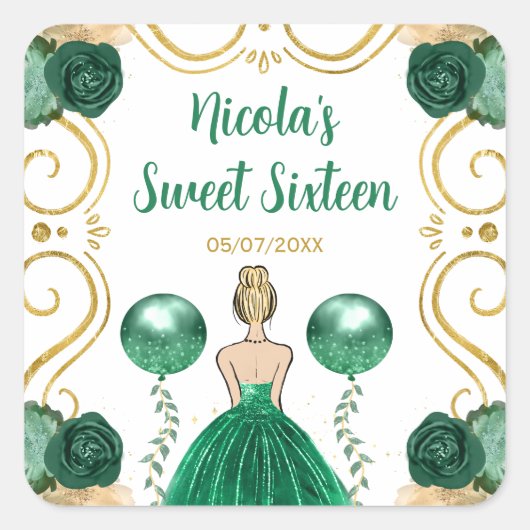 Sweet Sixteen Blonde Princess in Green Vierkante Sticker (Voorkant)