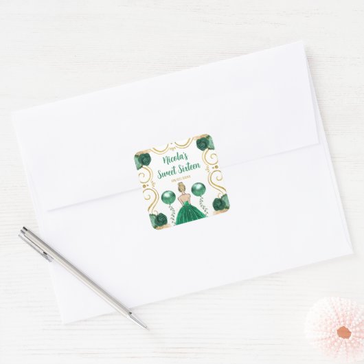 Sweet Sixteen Blonde Princess in Green Vierkante Sticker (Envelop)