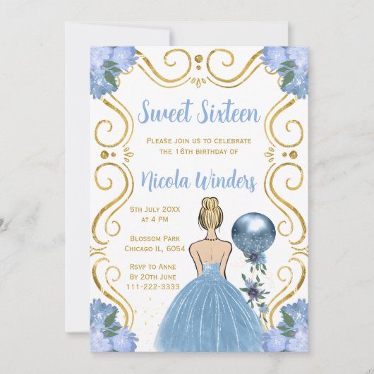 Sweet Sixteen Blonde Princess in het blauw Kaart (Voorkant)