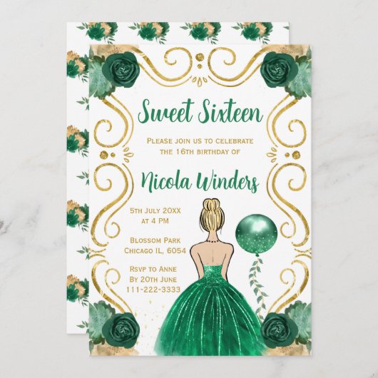 Sweet Sixteen Blonde Princess in het groen Kaart (Voorkant / Achterkant)