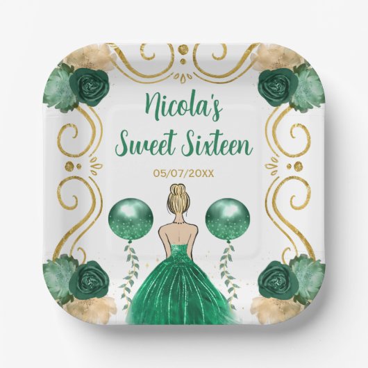 Sweet Sixteen Blonde Princess in het groen Papieren Bordje (Voorkant)