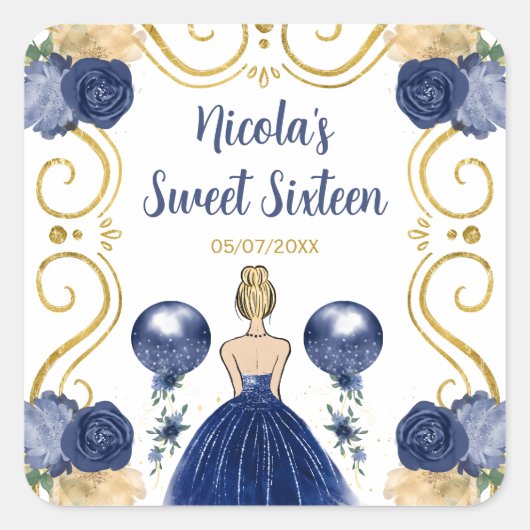 Sweet Sixteen Blonde Princess in Navy Blue Vierkante Sticker (Voorkant)